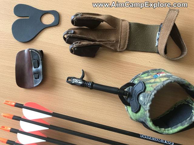 Release aid device, archery tabs and glove with arrows